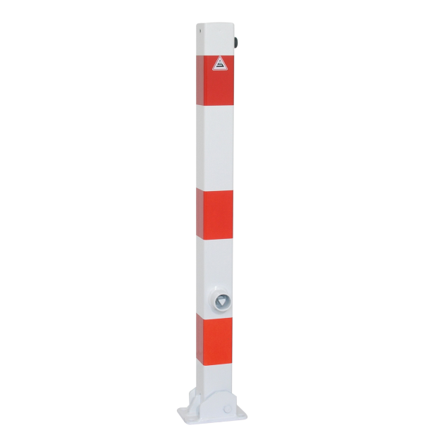 Barrier posts | Steel tube 70 x 70 mm | foldable, with triangular locking mechanism | for casting in concretewith ground socket part-no. 470.60approx. 400 mm below ground | hot-dip galvanized and white coatedwith three red reflecting stripes | without eyelet